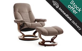 Stressless Consul Small Classic Base Chair & Stool in Batick Mole & Walnut detail page